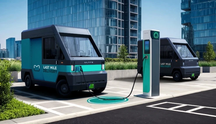 Ultre 4 Cargo to mikrodstawczak elektryczny z Polski. Dwa nowoczesne pojazdy elektryczne do dostaw miejskich podłączone do stacji ładowania na tle wysokich, nowoczesnych budynków.