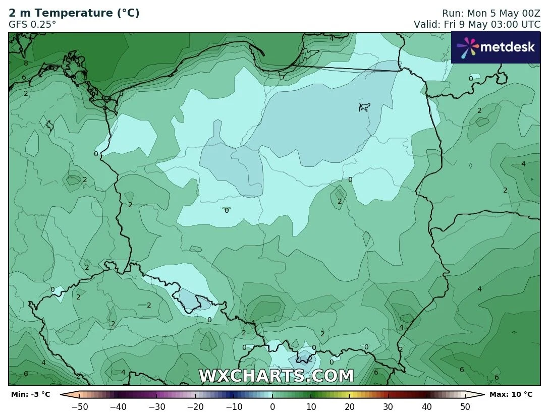 Mapa temperaturowa pokazująca prognozowane wartości temperatury w Polsce na poziomie 2 metrów nad ziemią. W centralnej i północnej części kraju zaznaczone są niższe temperatury, które stopniowo rosną w kierunku południowych regionów.