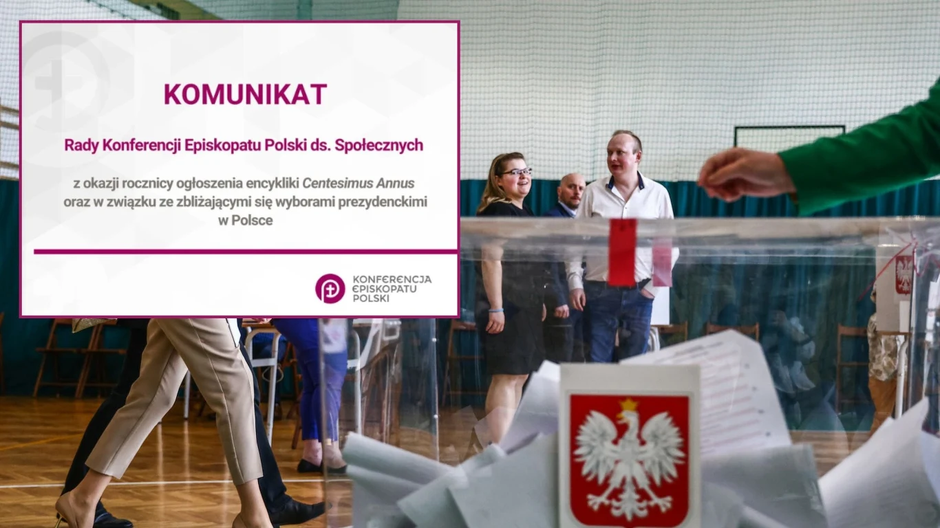 Episkopat wydał komunikat w sprawie wyborów prezydenckich Urna wyborcza wypełniona kartami do głosowania, z widocznym godłem Polski. W tle kilka osób uczestniczących w wyborach. Na pierwszym planie komunikat Rady Konferencji Episkopatu.