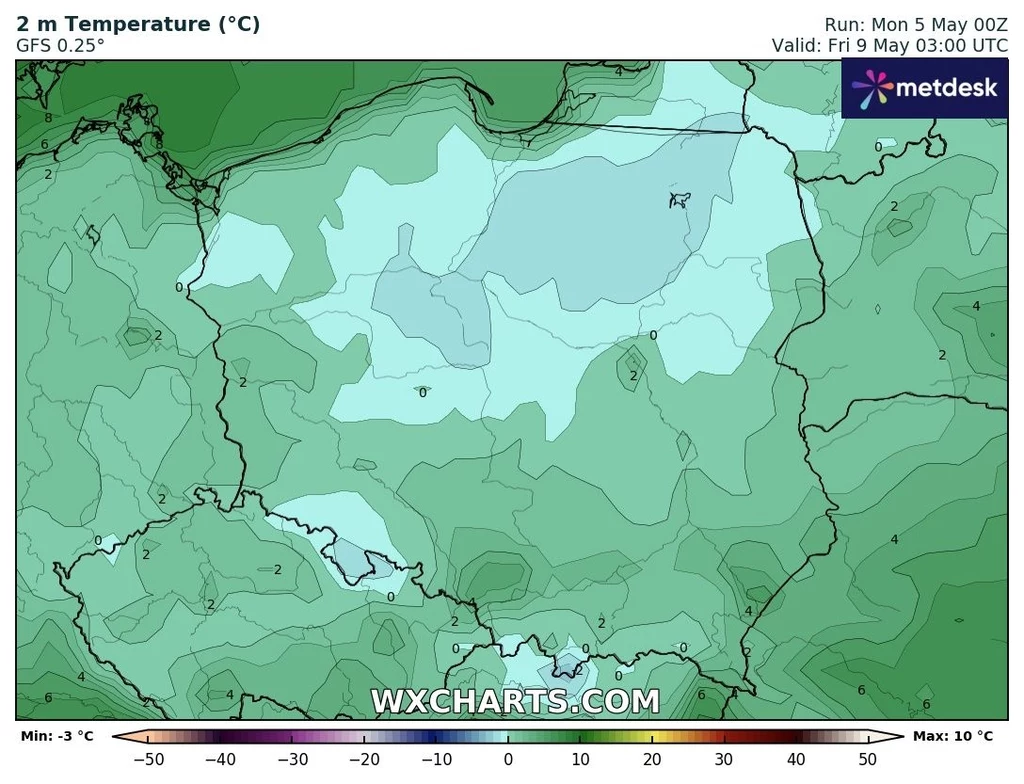 Na przymrozki trzeba będzie uważać na północy i północnym wschodzie oraz na południowych krańcach kraju Mapa temperatury w Polsce pokazująca różnice temperatur w różnych regionach kraju, z wyraźnym zaznaczeniem chłodniejszych i cieplejszych obszarów.