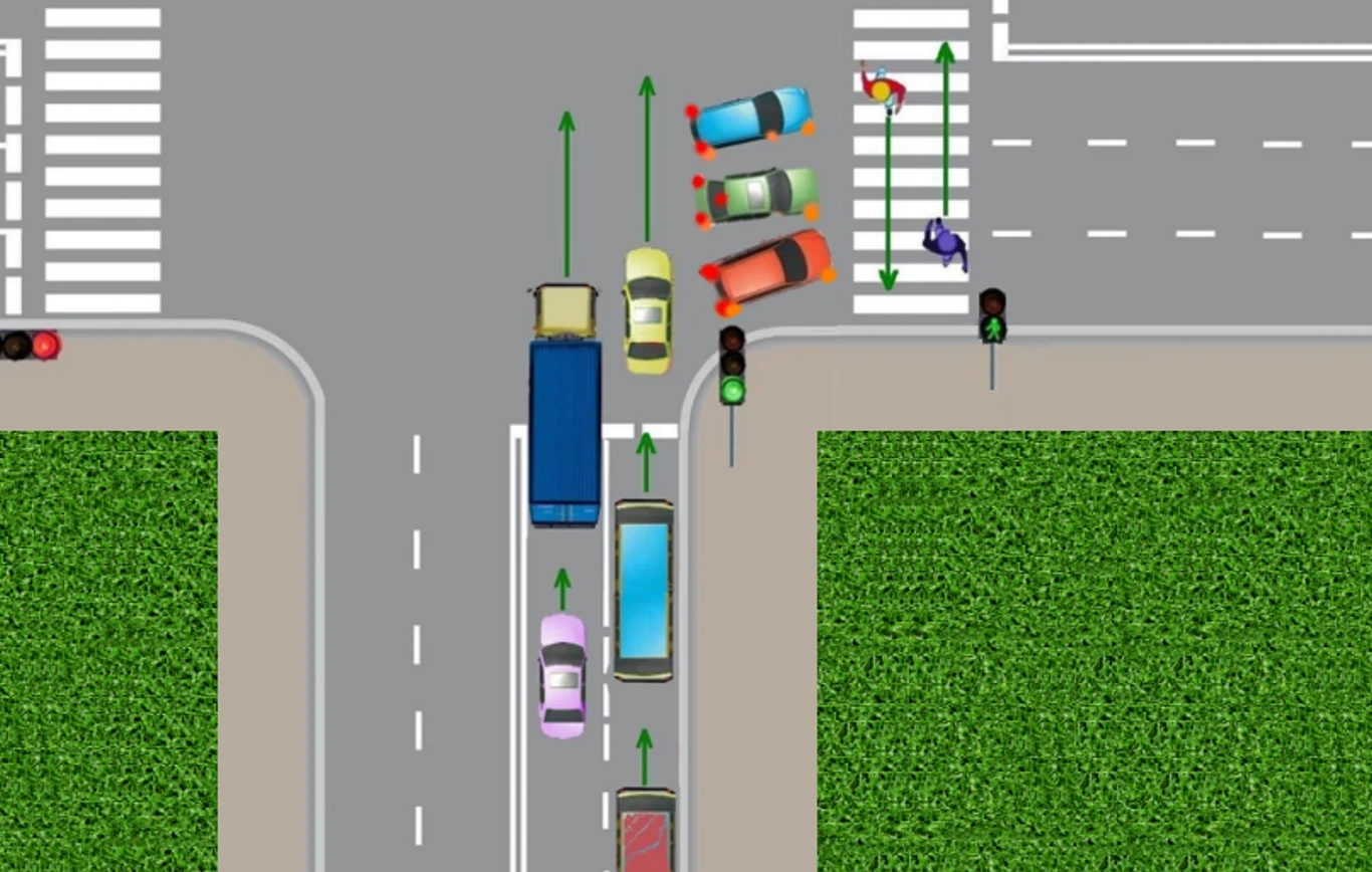 Stosowanie metody "na wachlarzyk" pozwala na poprawę płynności ruchu na skrzyżowaniach Schemat skrzyżowania z zaznaczonym ruchem pojazdów, z widocznym przejściem dla pieszych, sygnalizacją świetlną i zieloną trawą w tle. Ruch pojazdów oznaczony zielonymi strzałkami.