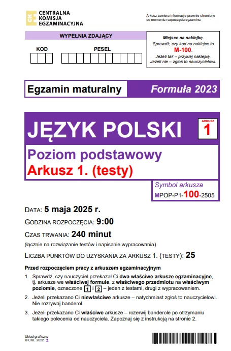 Matura 2025. Język polski, poziom podstawowy. Arkusz CKE - strona 1