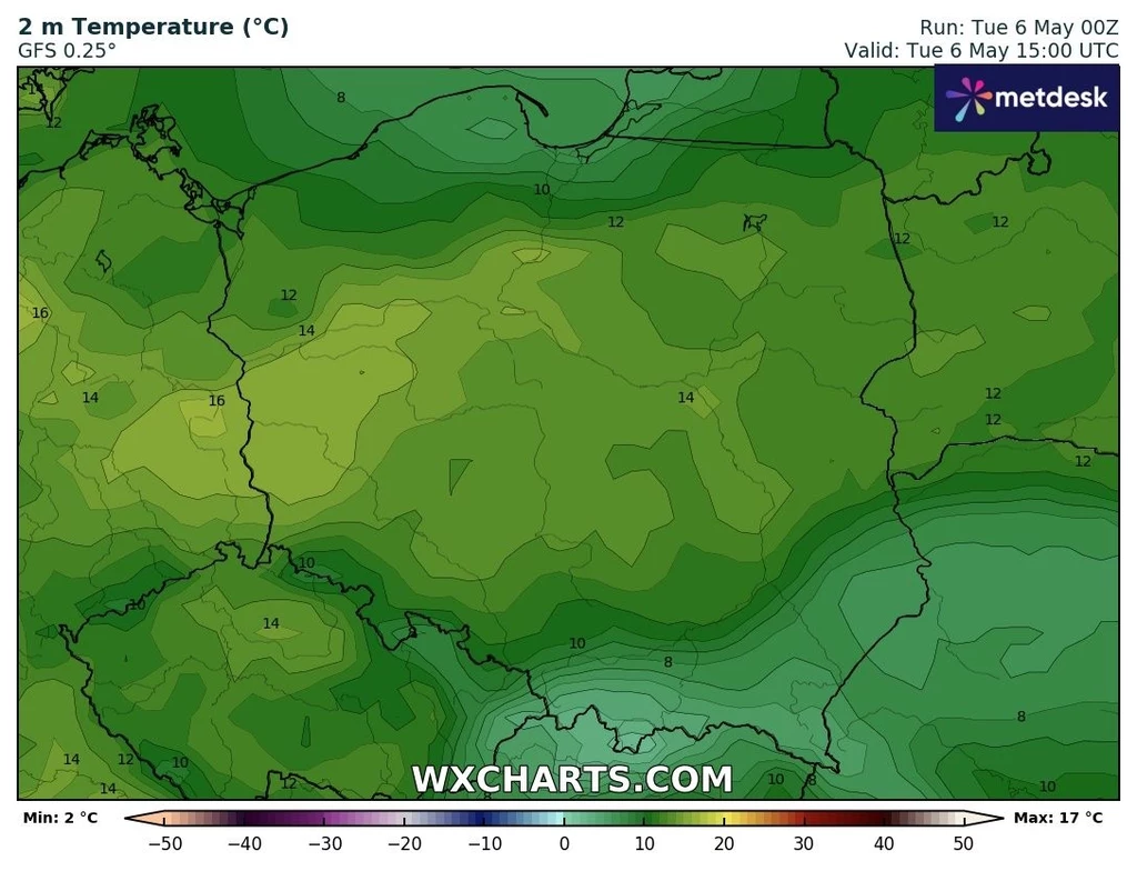 Wtorek będzie pogodniejszy niż poniedziałek, jednak dalej będzie chłodny Mapa temperatury pokazująca prognozę na Polskę z różnymi odcieniami zieleni, wskazującymi zakres temperatur od 2°C do 17°C. Kolory ciemniejsze sugerują niższe temperatury, podczas gdy jaśniejsze odcienie wskazują na wyższe wartości.