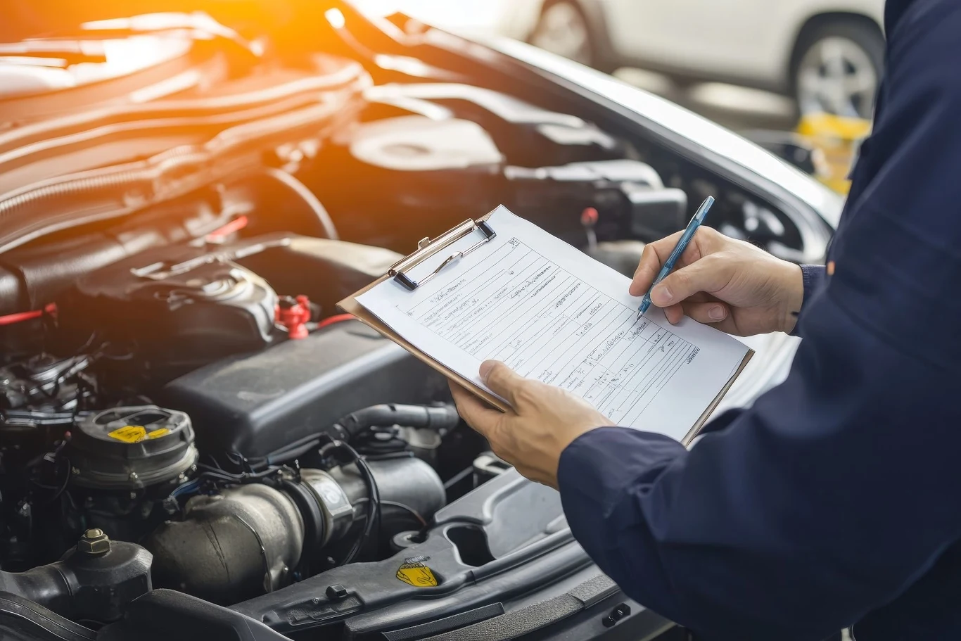 Ile kosztuje teraz badanie techniczne pojazdu? Ręka osoby trzymającej notatnik z dokumentacją podczas przeglądu technicznego silnika samochodowego. W tle widoczna część otwartej maski samochodu i elementy silnika.
