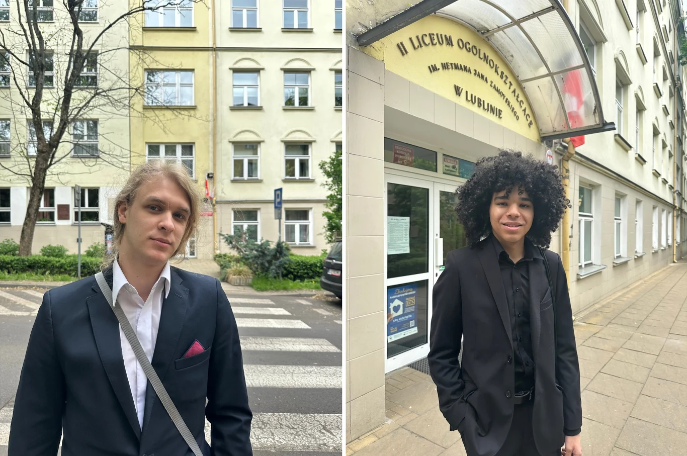 Matura 2025, matematyka. Maturzyści: Tego zadania nie powinno być na podstawie. Na zdjęciu maturzyści: Stanisław Chwaliński i Damian Doraton Dwie młode osoby stoją przed budynkami, jedna z nich znajduje się na tle szkoły z napisem 'II Liceum Ogólnokształcące' w Lublinie. Obie osoby są elegancko ubrane w garnitury.