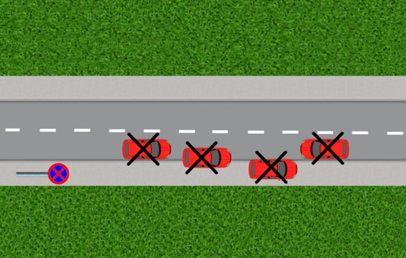 Schematyczna ilustracja przedstawiająca drogę z zakazem zatrzymywania, oznaczoną symbolem drogowego zakazu parkowania. Na ulicy cztery czerwone samochody z czarnymi znakami X, symbolizujące niewłaściwe parkowanie.