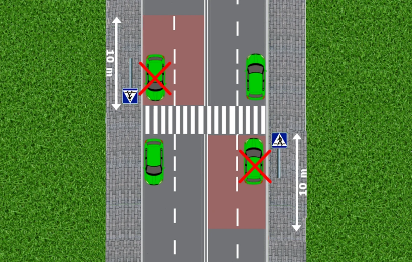 Przejście dla pieszych na jezdni z pasami i znakami drogowymi, oznaczone zakazy parkowania interpretowane przez czerwone krzyżyki przy samochodach. Szare chodniki otoczone zieloną trawą.