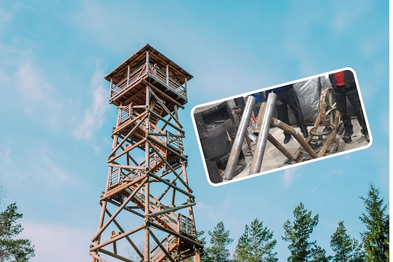 W Jadownikach powstaje monumentalny pomnik motocykla. Drewniana wieża widokowa na tle nieba, otoczona drzewami. Wstawka w prawym górnym rogu przedstawia fragment metalowej konstrukcji wyglądającej na element roweru lub innego urządzenia mechanicznego.