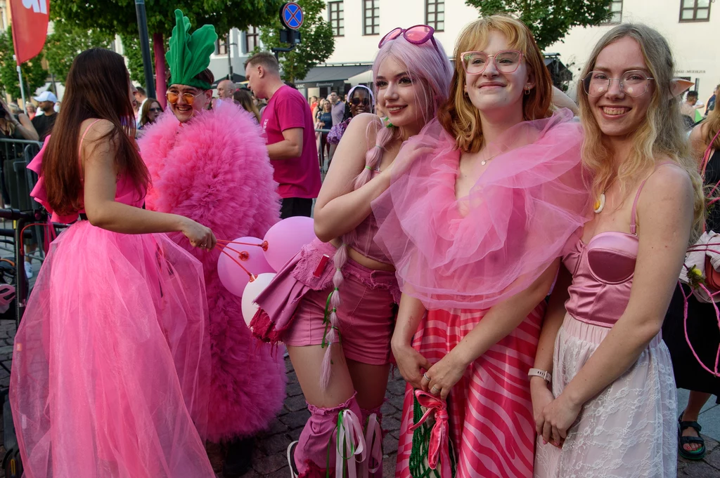 Uczestnicy konkursu na najlepsze przebranie czekają na rozpoczęcie Festiwalu Chłodnika w Wilnie Grupa młodych ludzi ubrana w różowe i kolorowe stroje uśmiecha się do kamery. Za nimi widać tłum i drzewa, a niektóre osoby mają na sobie pomysłowe kostiumy.