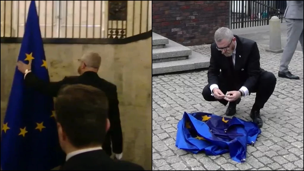 Grzegorz Braun zerwał flagę UE, chwilę później ją podpalił Grzegorz Braun zerwał flagę UE, chwilę później ją podpalił