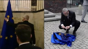 Grzegorz Braun zerwał flagę UE, chwilę później ją podpalił