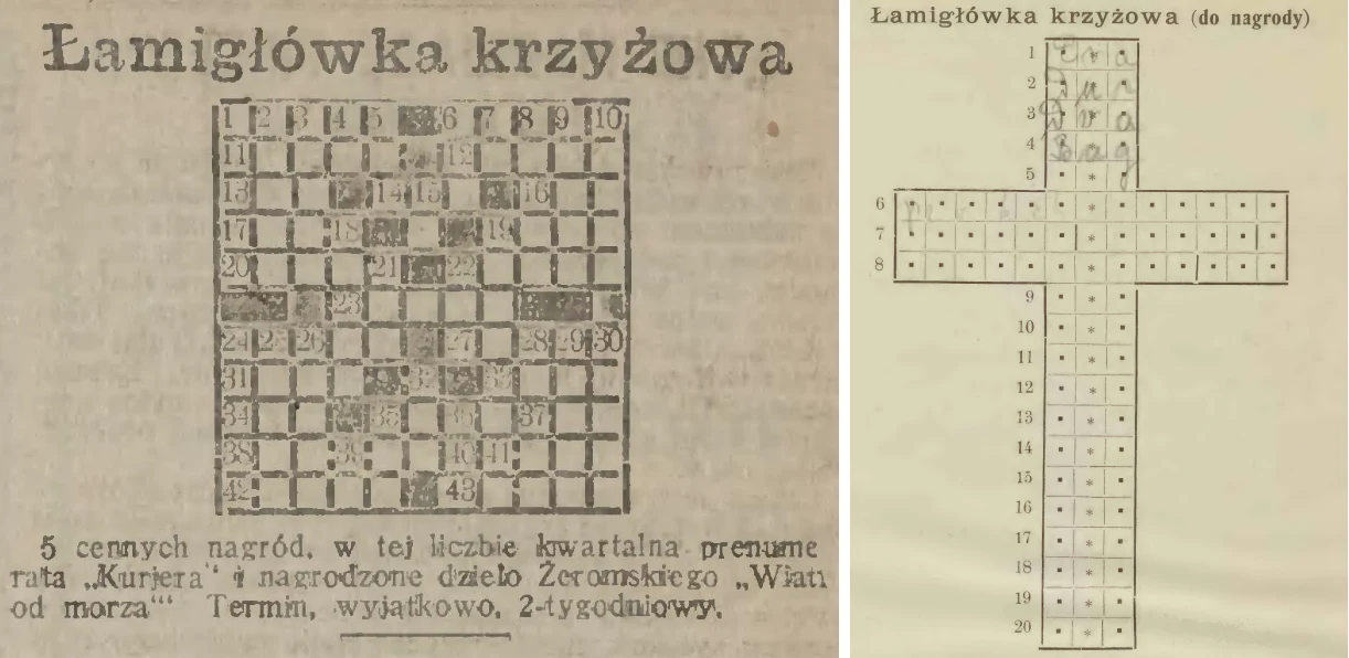 Z lewej: krzyżówka zamieszczona w numerze 31/1925 "Kuriera Warszawskiego". Z prawej: łamigłówka z "Wieczorów Rodzinnych" wydanych w 1907 roku
