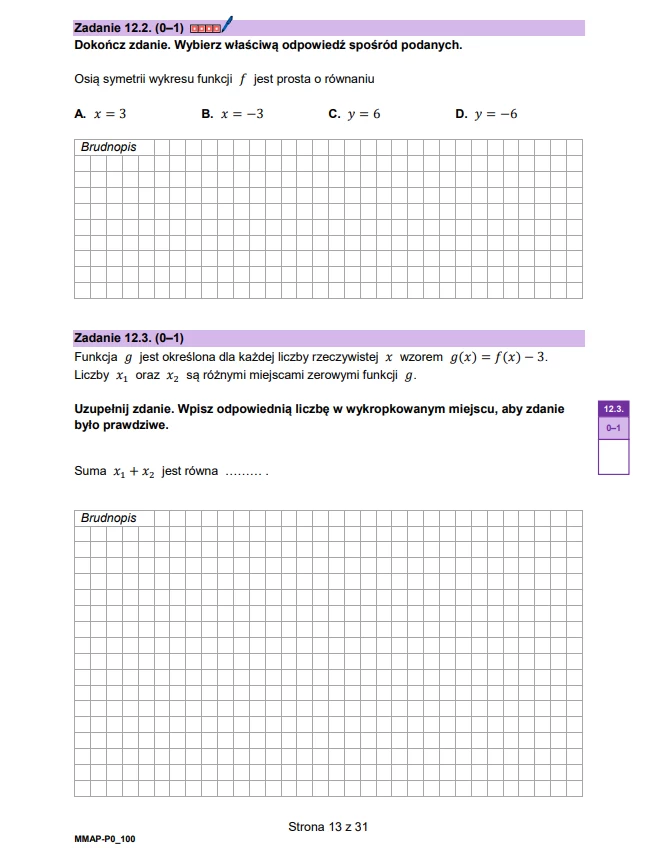 Matura 2025 z matematyki - zadania otwarte - arkusz CKE Strona z arkusza egzaminacyjnego zawierająca dwa zadania matematyczne z algebry, każde z miejscem na brudnopis. Podano równania i formuły, na podstawie których należy wybrać poprawne odpowiedzi lub obliczyć sumę.