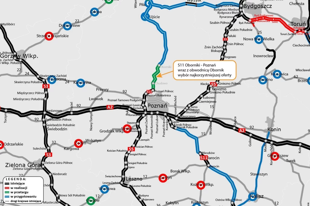 Zadaniem wykonawcy będzie zaprojektowanie i wybudowanie 22-kilometrowego odcinka drogi ekspresowej S11. Mapa sieci drogowej wokół Poznania z uwzględnieniem różnych tras i oznaczeń, takich jak drogi ekspresowe i autostrady, wraz z legendą. Zaznaczono odcinek trasy S11 Oborniki-Poznań z opisem dotyczącym oferty wykonawczej.