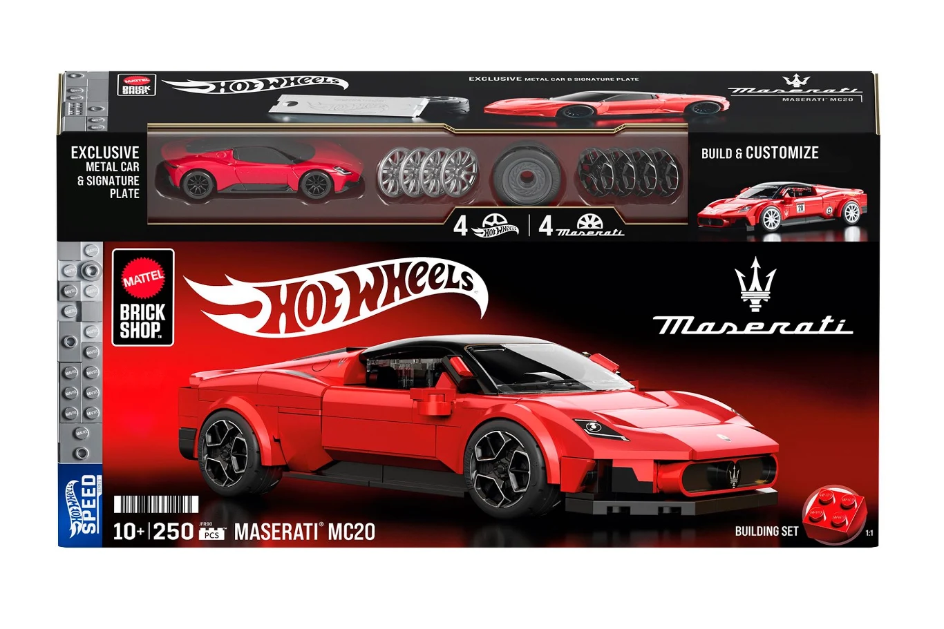 Opakowanie zestawu klocków Hot Wheels Maserati MC20 z czerwonym sportowym samochodem i akcesoriami do budowy. Zawiera limitowany metalowy model oraz różnorodne części do personalizacji pojazdu.