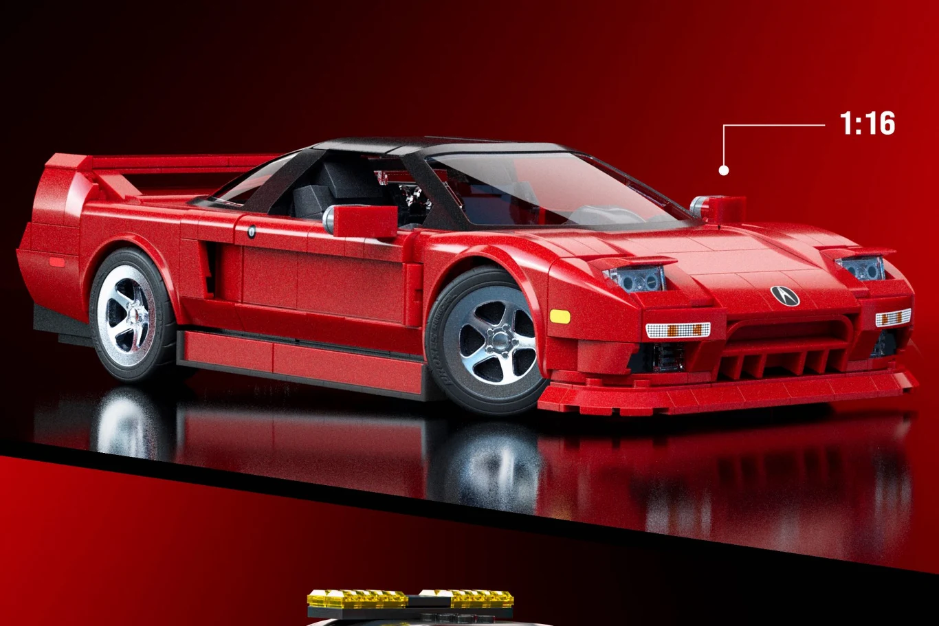 Model samochodu sportowego wykonany z klocków LEGO w skali 1:16. Pojazd jest czerwony z czarnymi elementami i widoczne są szczegóły karoserii, takie jak reflektory i zderzaki. Model umieszczony na ciemnoczerwonym tle.