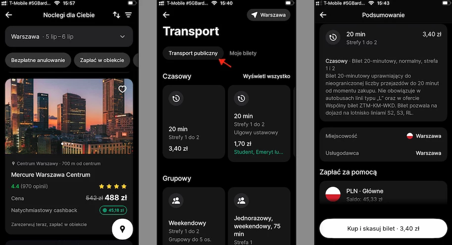 Jak kupić bilet na autobus w aplikacji Revolut? Interfejs aplikacji mobilnej umożliwiającej zakup biletów na transport publiczny w Warszawie. Trzy ekrany przedstawiają funkcje wyboru noclegu, dostępne bilety oraz podsumowanie transakcji z możliwością zapłaty online.