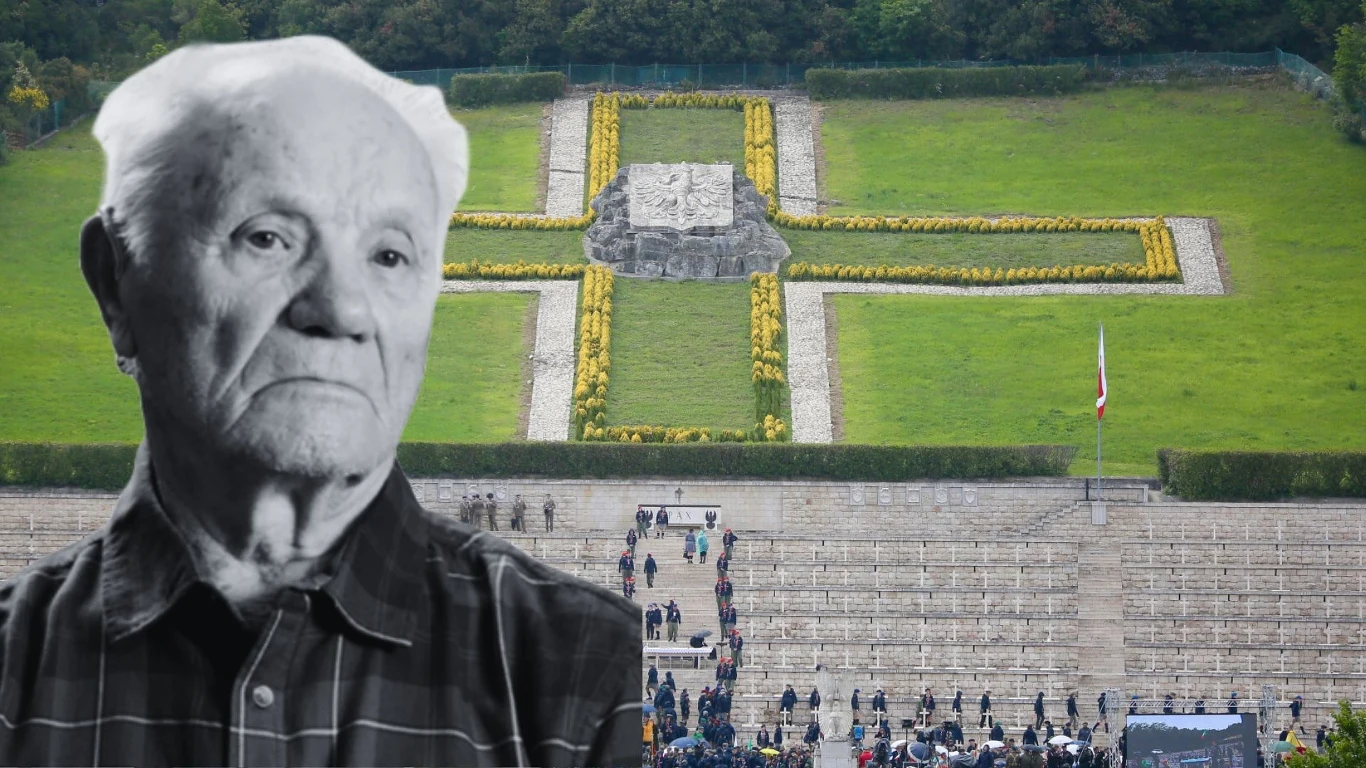 Zmarł 99-letni Feliks Osiński. Pod Monte Cassino rozminowywał pole bitwy Portret starszego mężczyzny na tle wzniesienia z pomnikiem przypominającym symbol Polski walczącej i grupą ludzi na tle amfiteatru. W tle widoczna flaga Polski i zieleń.