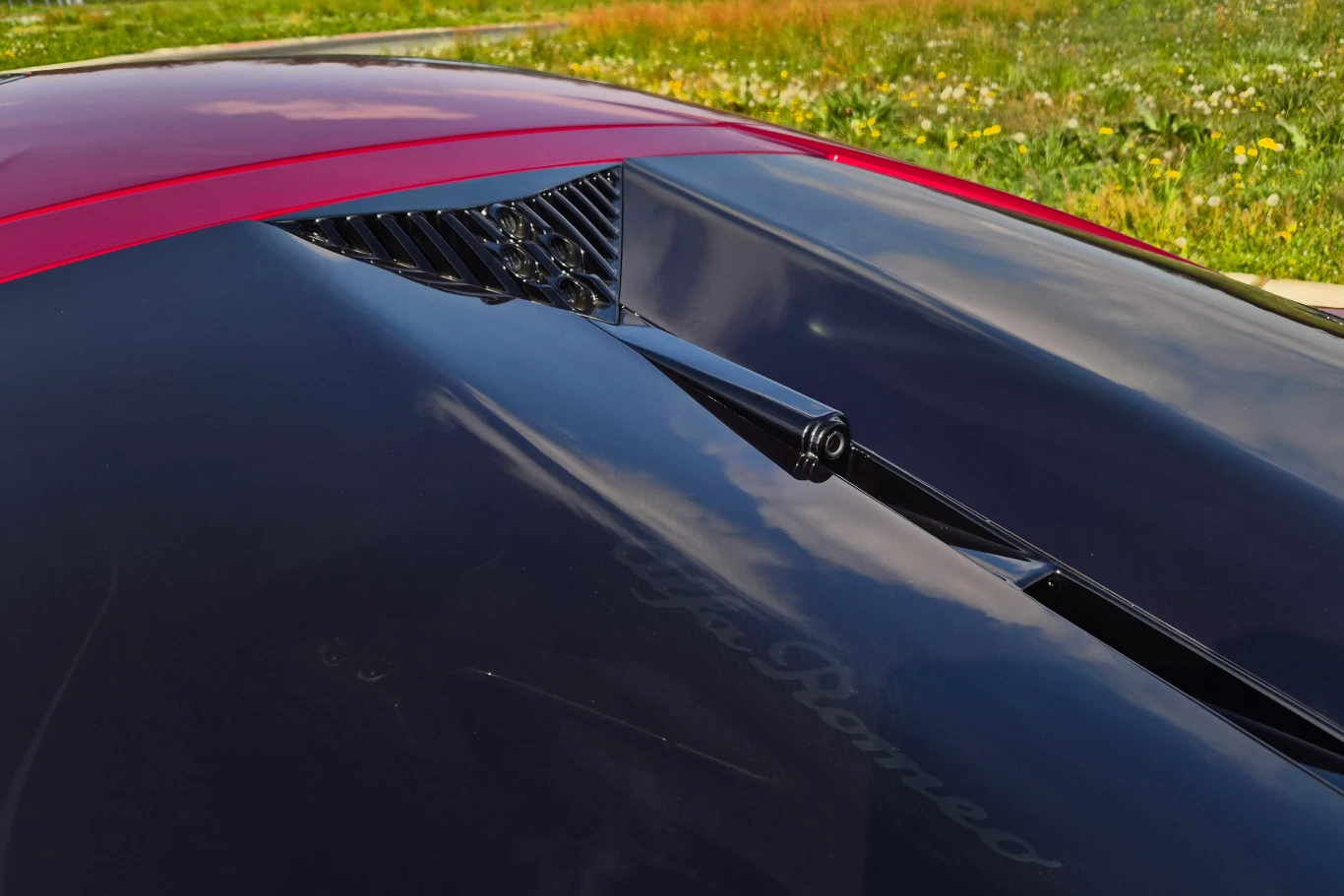 Czarne i czerwone samochodowe maski z logo Alfa Romeo oraz kratką wentylacyjną na środku. Trawa i kwiaty w tle.