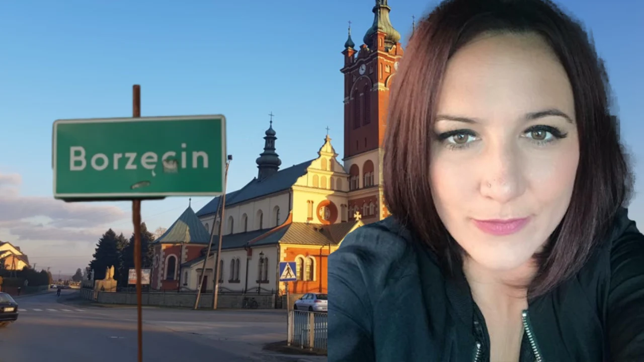 Znak z napisem 'Borzęcin' na tle malowniczego pejzażu ze starą, zabytkową budowlą. Obok przyjazna kobieta z krótkimi, brązowymi włosami uśmiecha się do obiektywu.