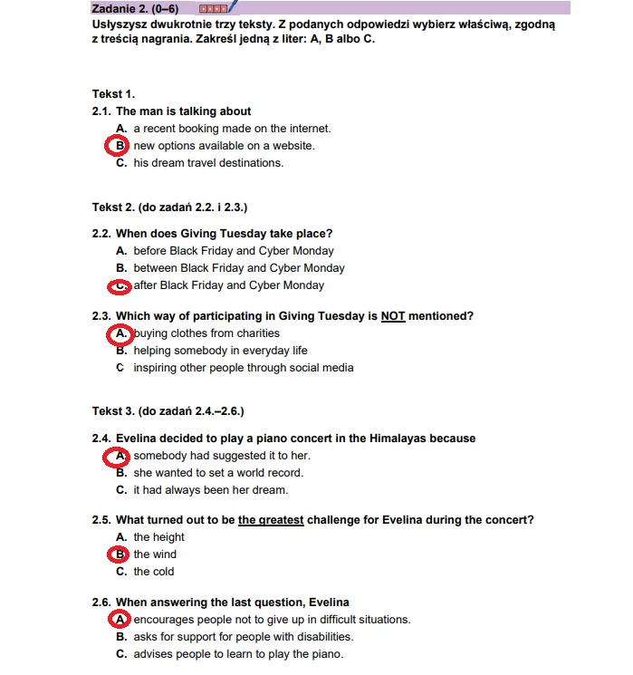 Matura 2025. Język angielski, poziom podstawowy - strona 4 Fragment testu z języka angielskiego, zawiera pytania do trzech tekstów audio oraz zaznaczone odpowiedzi.