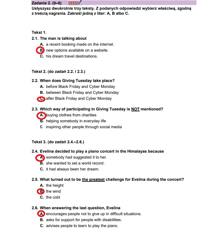 Fragment testu z języka angielskiego, zawiera pytania do trzech tekstów audio oraz zaznaczone odpowiedzi.