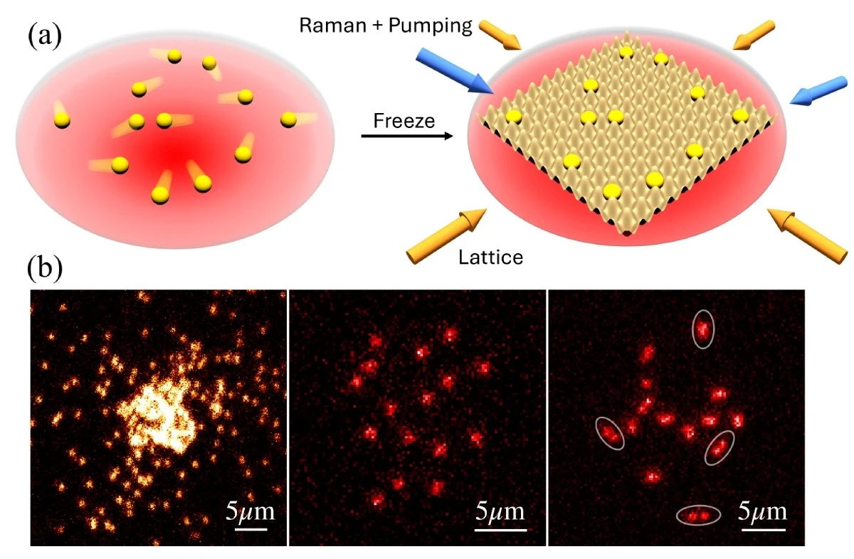 Atomy w pułapce przed i po zamrożeniu (a) oraz interakcje bozonów (b) Schemat przedstawiający proces freeze-over w układach kwantowych oraz wyniki doświadczeń obserwowane w skali mikro. Sekwencja obrazów pokazuje różne etapy zachodzenia zjawiska w skali nanometrycznej.