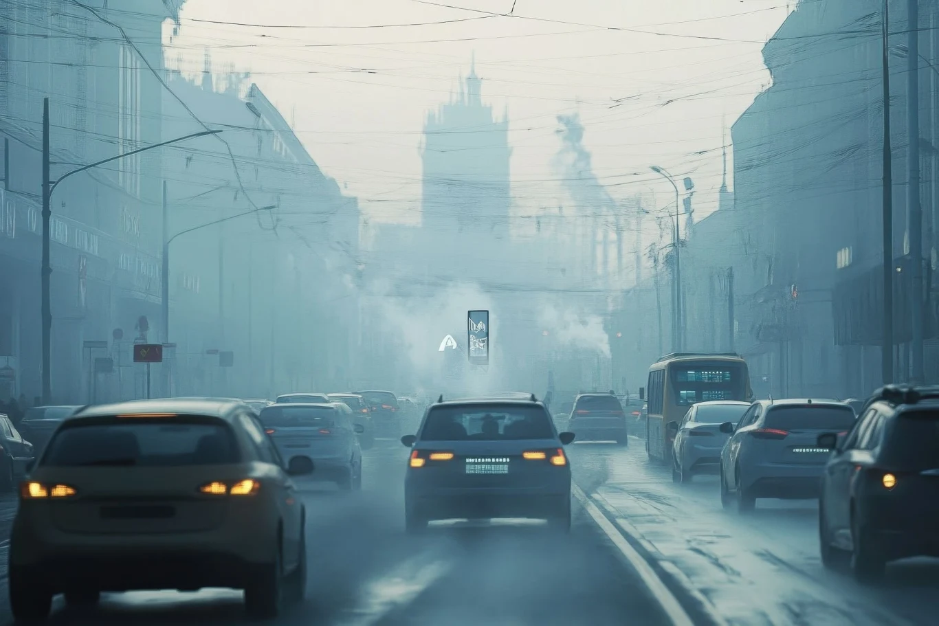 Ulica w dużym, mocno zanieczyszczonym mieście. Samochody jadą w gęstym smogu, a w tle widać sylwetki budynków zasnute mgłą. Widoczny ruch uliczny oraz miejskie instalacje, jak słupy i przewody elektryczne.