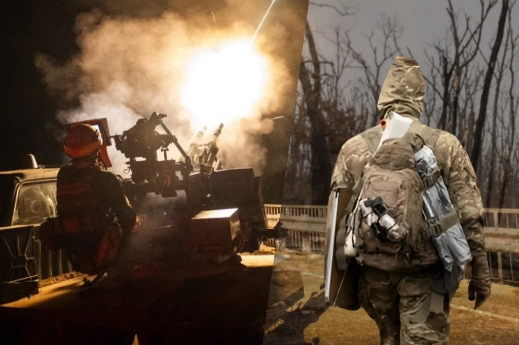 Dwa obszary frontu w Ukrainie poważnie zagrożone Scena z lewej strony pokazuje działania wojskowe nocą, z żołnierzami przy ciężkim sprzęcie artyleryjskim. Z prawej strony żołnierz ubrany w kamuflaż przemierza las w ciągu dnia z plecakiem i ekwipunkiem.