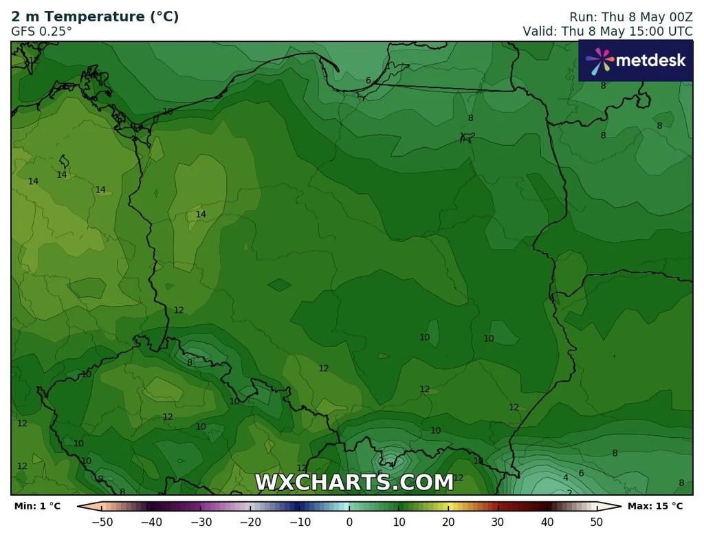 Czwartek będzie chłodny, szczególnie na północy i terenach podgórskich, gdzie temperatury będą jednocyfrowe Mapa przedstawia prognozę temperatury na terenie Polski, zróżnicowane wartości temperatur oznaczono różnymi odcieniami zieleni. Centralna i południowa część kraju mają temperaturę od 10°C do 14°C. Wyróżniono kluczowe punkty geograficzne.