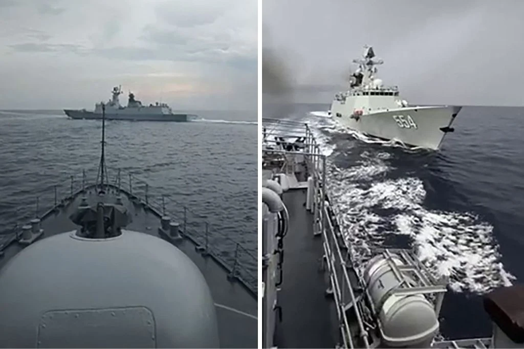 Chińskie okręty wojenne podpłynęły bardzo blisko filipińskiego okrętu Dwa wojskowe okręty na morzu, oba w trakcie manewrów. Na pierwszym planie widok z pokładu jednego z okrętów, w tle horyzont morski. Woda spokojna, na niebie chmury.
