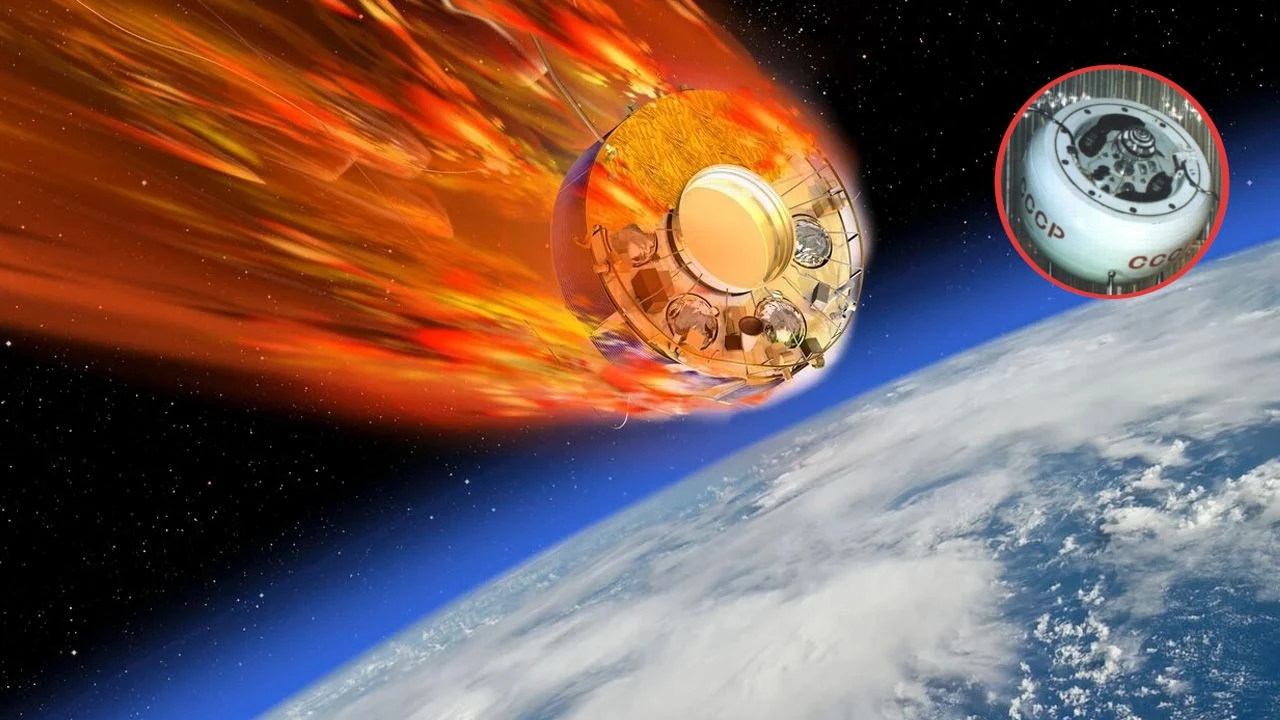 Radziecka sonda Kosmos 482. Centralny punkt deorbitacji nad Polską. Statek kosmiczny wchodzący w atmosferę Ziemi, otoczony płomieniami wynikającymi z tarcia o powietrze. Na tle widać wyraźny obraz Ziemi pokrytej chmurami. Zbliżenie ukazuje szczegóły kapsuły.