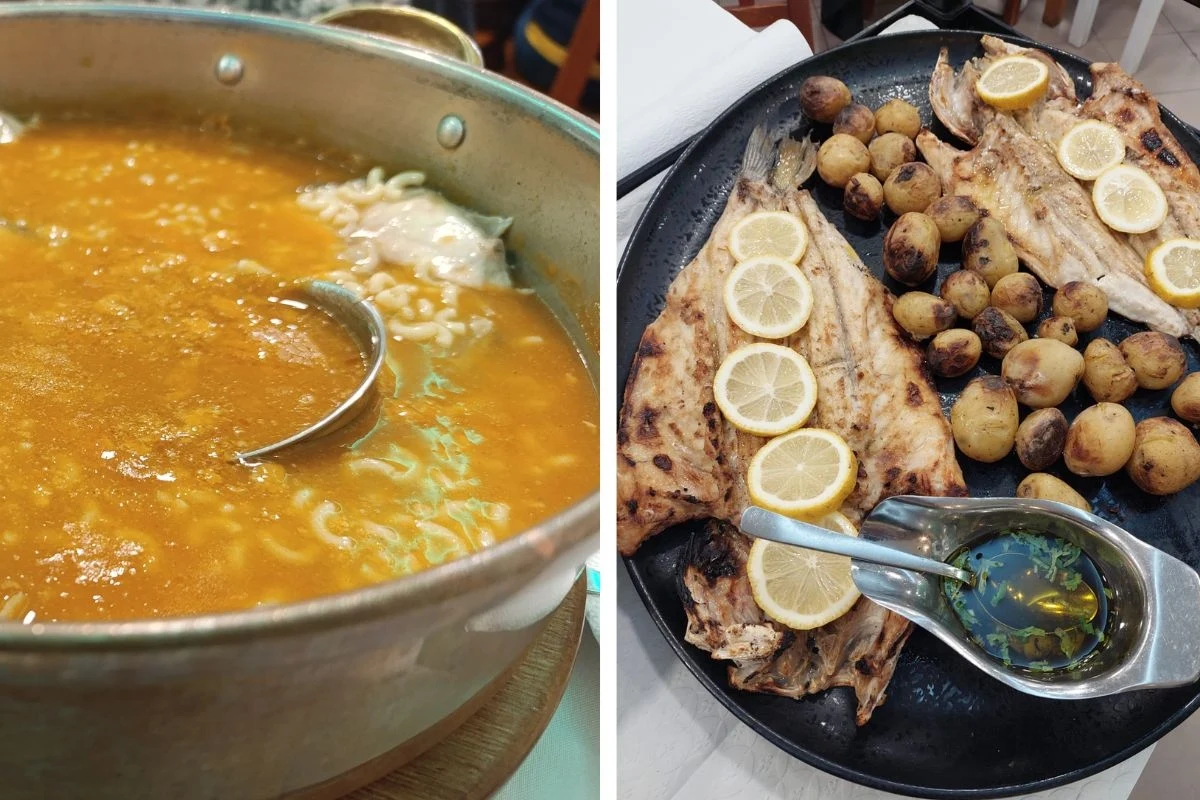 Po lewej stronie duży garnek z zupą, w której widać makaron i łyżkę do nalewania, po prawej stronie patelnia z grillowaną rybą, plasterkami cytryny, ziemniakami i sosem w łyżce.