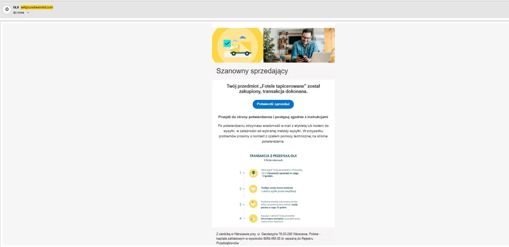 Wiadomość od oszustów Treść komunikatu informacyjnego z serwisu Allegro dotyczącego usprawnienia procesu płatności. Na środku znajduje się przycisk z wezwaniem do działania, a obok grafika symbolizująca zakupy online.