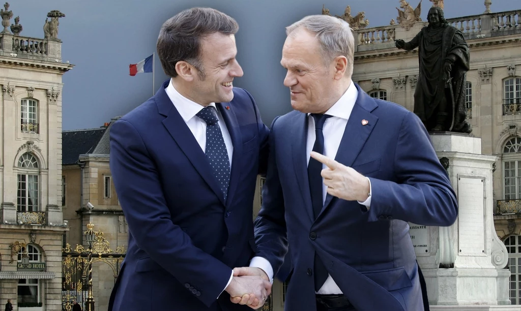 Emmanuel Macron i Donald Tusk. W tle pomnik JKM Stanisława Leszczyńskiego w Nancy Emmanuel Macron i Donald Tusk. W tle pomnik JKM Stanisława Leszczyńskiego w Nancy