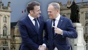 Emmanuel Macron i Donald Tusk. W tle pomnik JKM Stanisława Leszczyńskiego w Nancy
