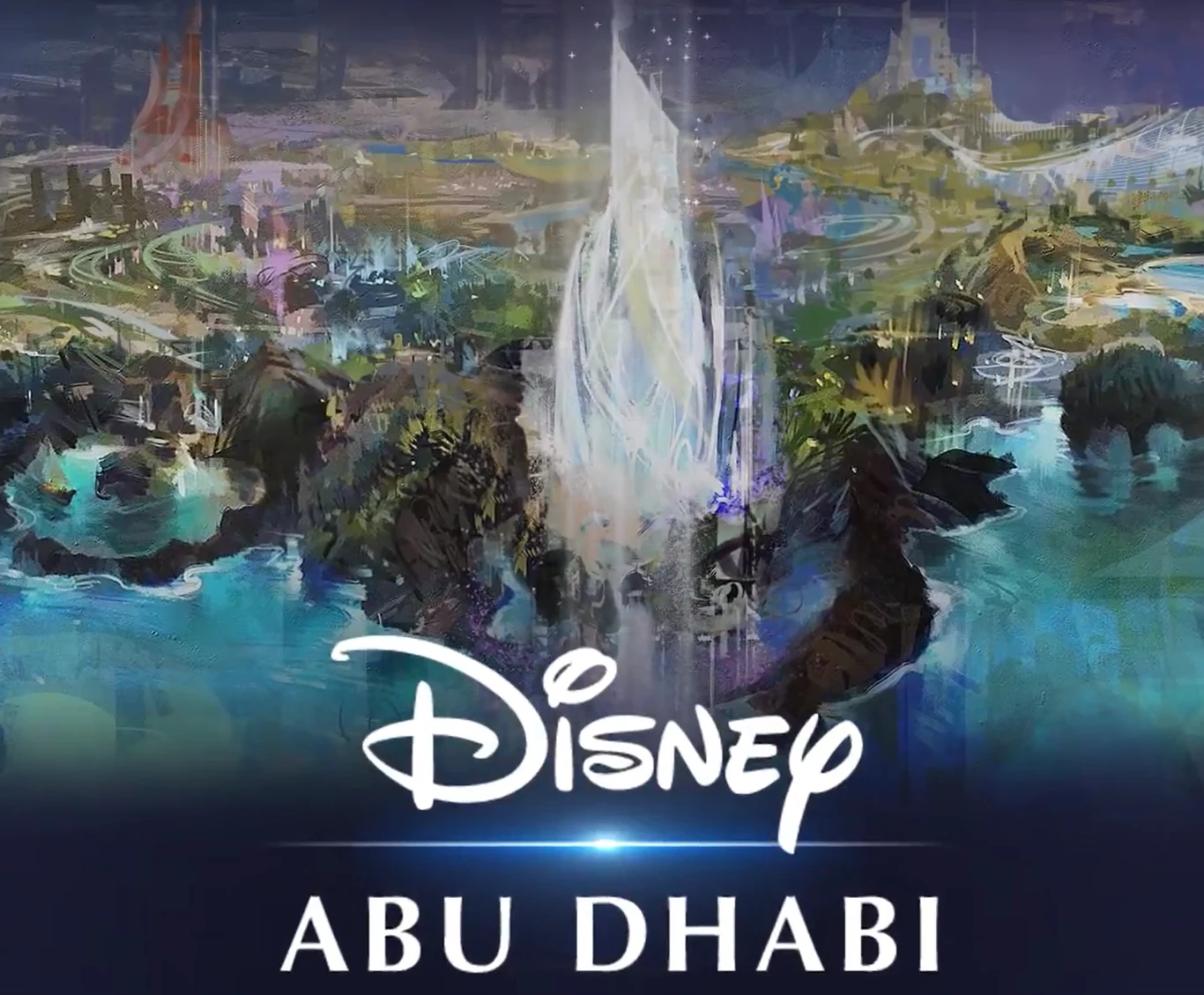 Futurystyczny kryształowy zamek i atrakcje wodne. Disney ujawnia plany parku w Abu Zabi Fantazyjny krajobraz przedstawiający wizję parku rozrywki Disney w Abu Dhabi z centralnie umieszczoną, świetlistą wieżą i otaczającymi ją zielonymi terenami oraz wodą.