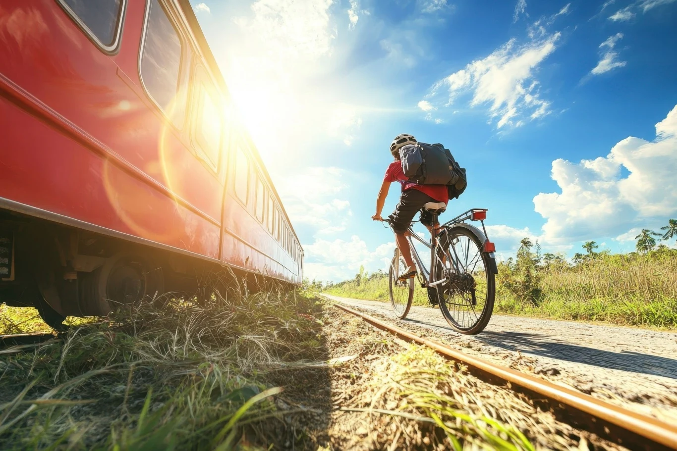Rowerzysta jedzie równolegle do pociągu w piękny, słoneczny dzień. Niebo jest bezchmurne, a otoczenie naturalne i zielone, co tworzy spokojną, malowniczą scenerię.
