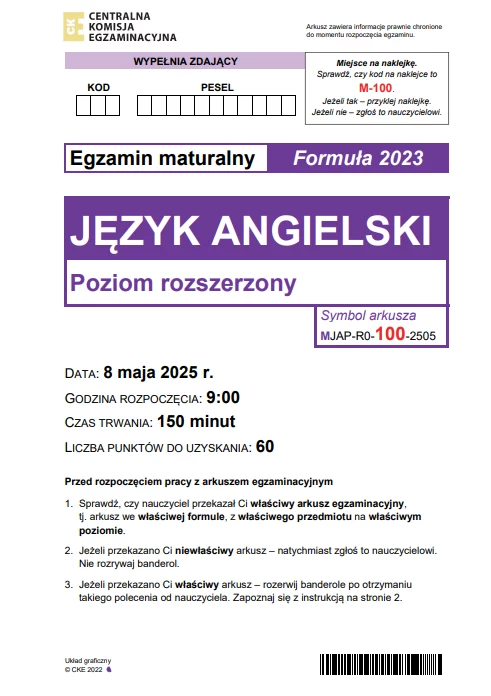 Matura 2025. Język angielski, poziom rozszerzony - strona 1 Matura 2025. Język angielski, poziom rozszerzony - strona 1