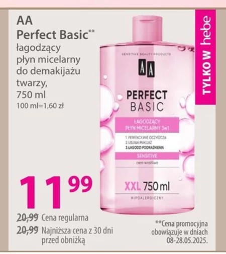 AA Perfect Basic łagodzący płyn micelarny 3w1 SENSITIVE 750 ml