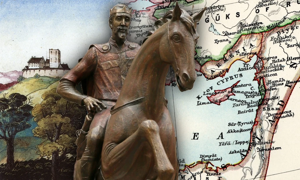 Pomnik Kazimierza I w Opolu. W tle mapa Ziemi Świętej i XVI-wieczny widok opolskiego zamku Pomnik Kazimierza I w Opolu. W tle mapa Ziemi Świętej i XVI-wieczny widok opolskiego zamku