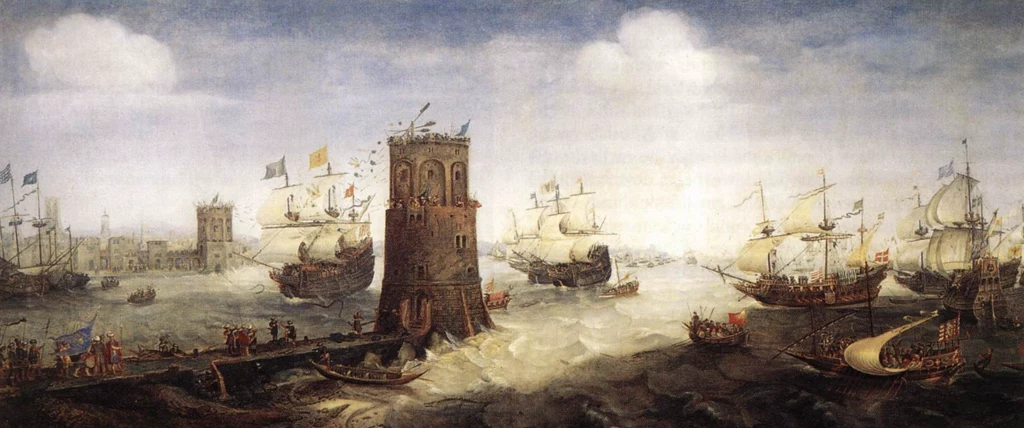 Cornelis Claesz van Wieringen / Walki o Damiettę, obraz z XVII wieku Flota żaglowców na wzburzonym morzu wokół średniowiecznej wieży obronnej, otoczona przez masywne fale i chmury na tle miasta.