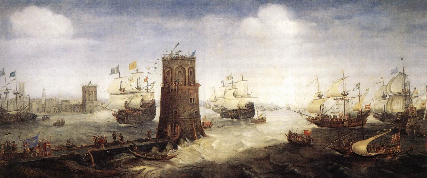 Cornelis Claesz van Wieringen / Walki o Damiettę, obraz z XVII wieku Flota żaglowców na wzburzonym morzu wokół średniowiecznej wieży obronnej, otoczona przez masywne fale i chmury na tle miasta.