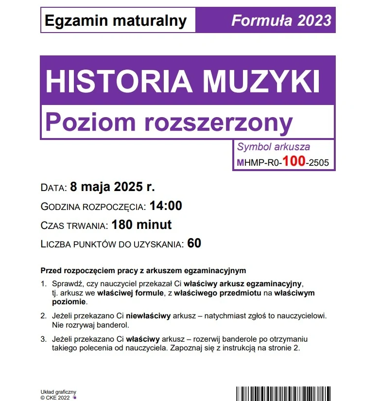 Strona tytułowa arkusza egzaminacyjnego z historii muzyki na maturze, poziom rozszerzony, formuła 2023. Zawiera informacje o czasie trwania egzaminu, dacie, godzinie rozpoczęcia oraz liczbie punktów do uzyskania.