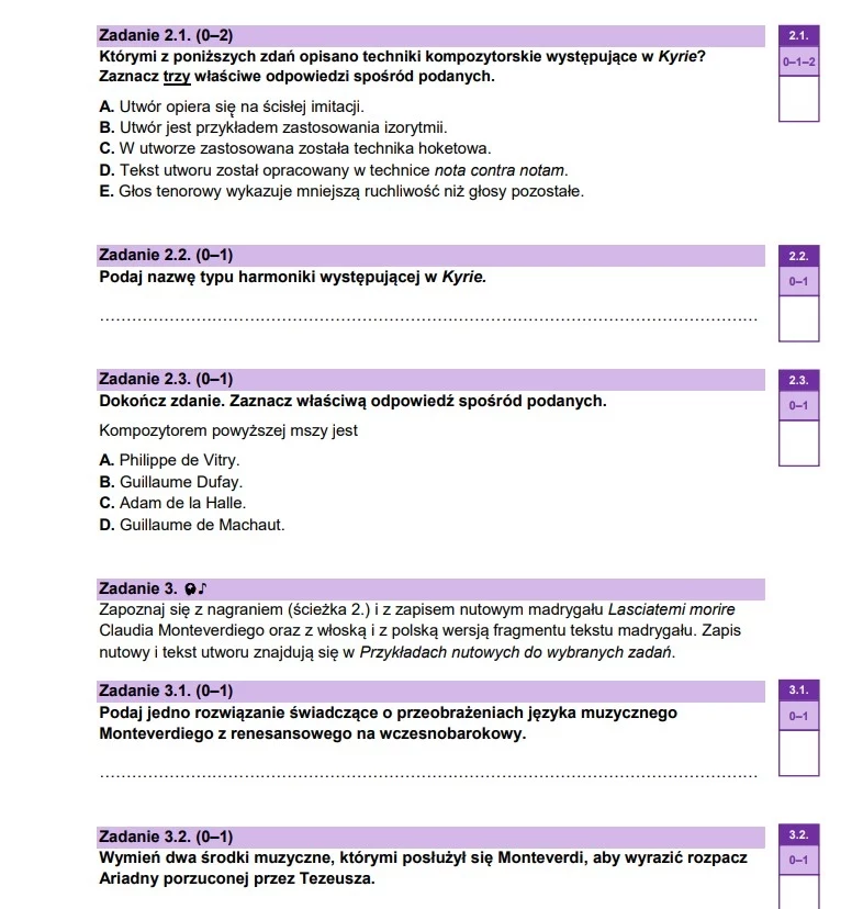 Matura 2025. Historia muzyki - arkusz CKE Arkusz testowy zawierający pytania dotyczące technik kompozytorskich i harmonii w utworach muzycznych. W tekście znajdują się instrukcje i pytania do wypełnienia przez ucznia.