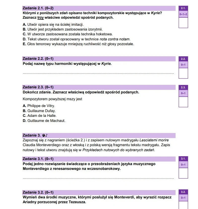 Arkusz testowy zawierający pytania dotyczące technik kompozytorskich i harmonii w utworach muzycznych. W tekście znajdują się instrukcje i pytania do wypełnienia przez ucznia.