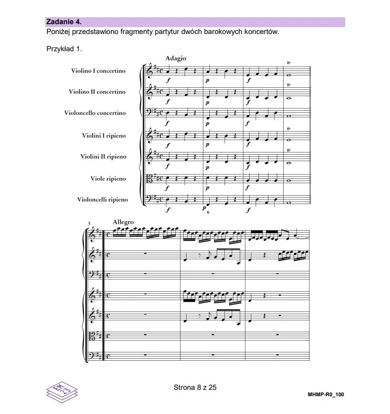 Fragment partytury dwóch barokowych koncertów z oznaczeniami zespołów i dynamicznych wskazówek. Górna część z oznaczeniem 'Adagio', dolna 'Allegro', instrumenty takie jak skrzypce, altówki, wiolonczele.