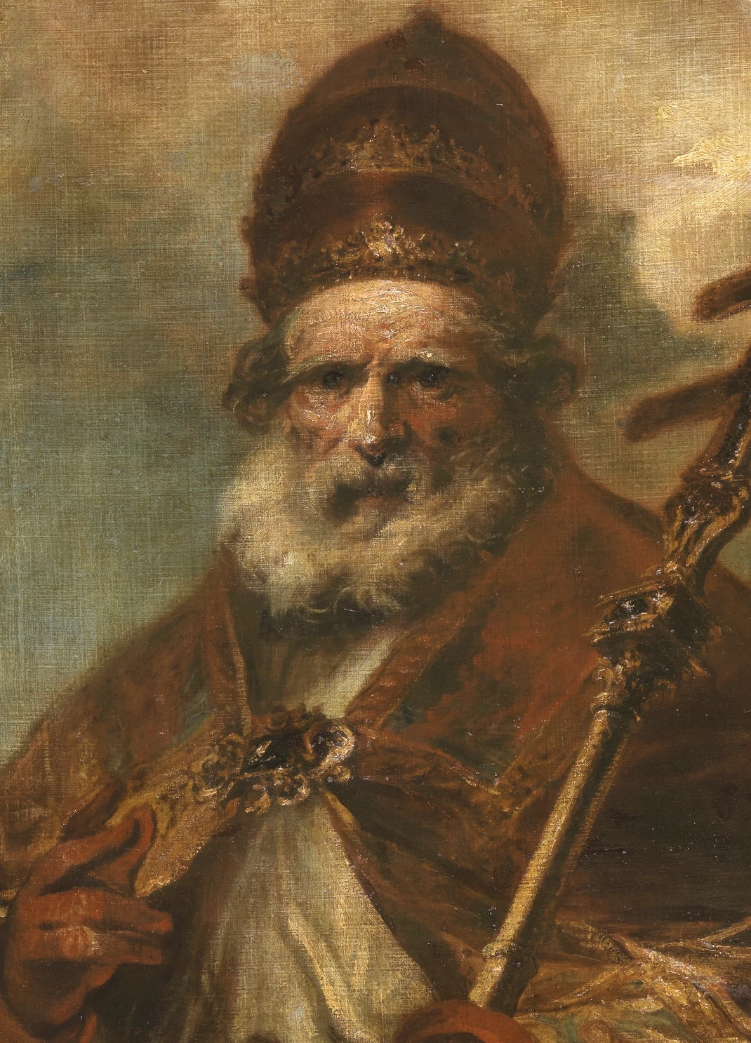 Francisco de Herrera el Mozo (Hiszpan, 1622-1685): Święty Leon Magnus (papież Leon I), Muzeum Prado, Madryt, Hiszpania. Postać starszego mężczyzny w stroju religijnym z brodą, nosząca na głowie ozdobną tiarę, trzymająca w ręku pastorał. Obraz w stylu klasycznym, skupiający się na wyrazistych detalach twarzy i stroju postaci.