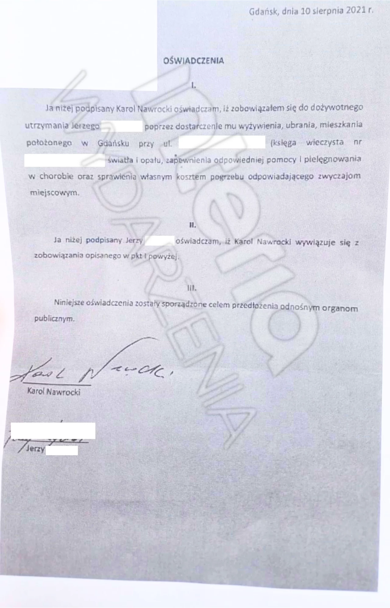 Oświadczenia podpisane przez Karola Nawrockiego i Jerzego Ż., do których dotarła Interia Dokument oświadczenia dotyczący zobowiązań do utrzymania, podpisany i opatrzony datą z Gdańska. Trochę zamazany tekst zawiera szczegóły dotyczące opieki oraz pomocy, wraz z podpisami na dole strony.