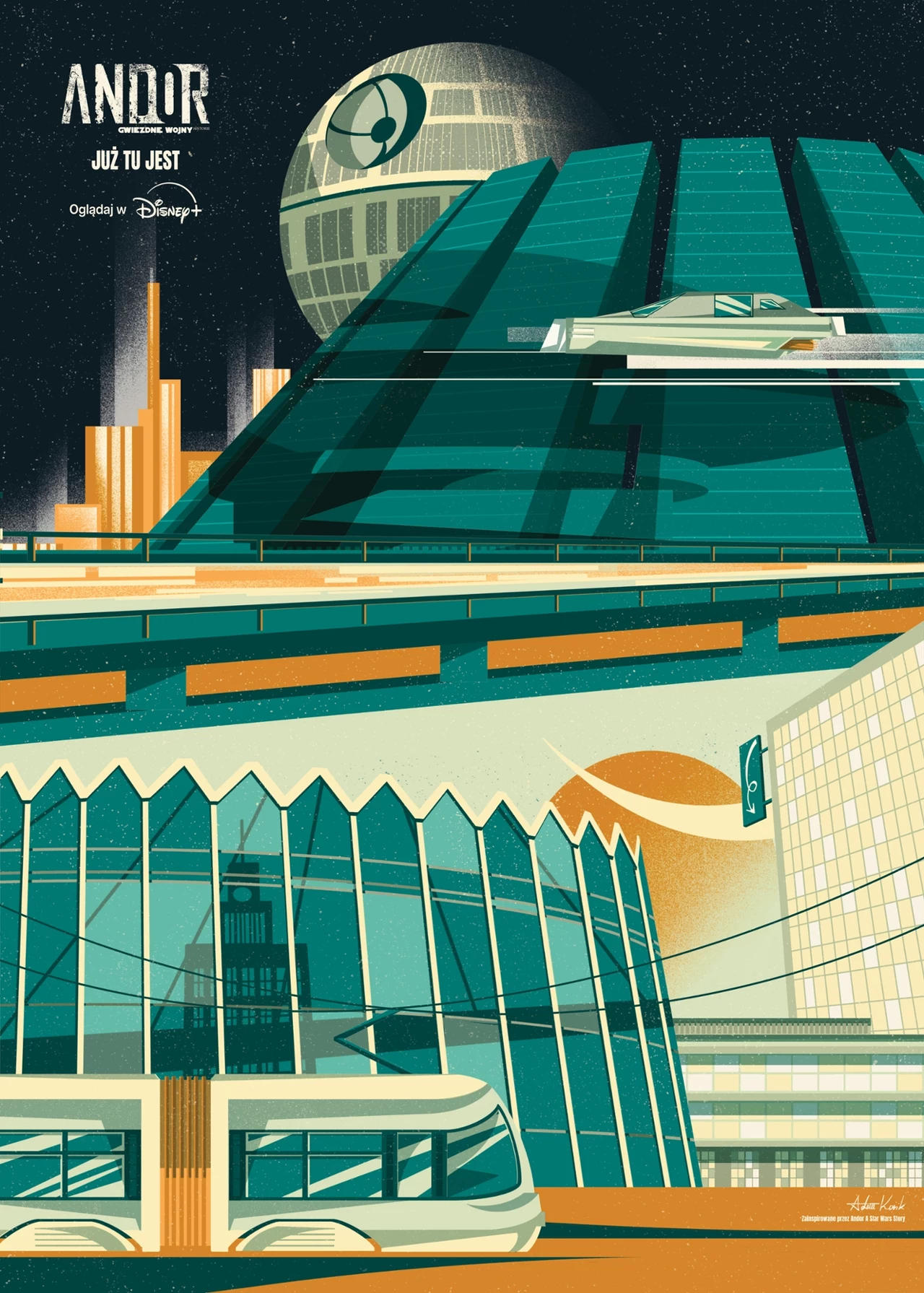 Warszawa, Elektrownia Powiśle, ul. Dobra 32. Rotunda PKO zestawiona z monumentalnymi strukturami planety Coruscant (Autor: Adam Kosik) Plakat promujący serial 'Andor' z elementami futurystycznego miasta, na pierwszym planie budynki i pojazdy przypominające styl science fiction.